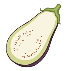 Vibrant illustration of a halved eggplant with a green stem, showing a smooth pale interior and scattered seeds. Ideal for vegetarian, vegan, cooking, and healthy eating themes in stock libraries.