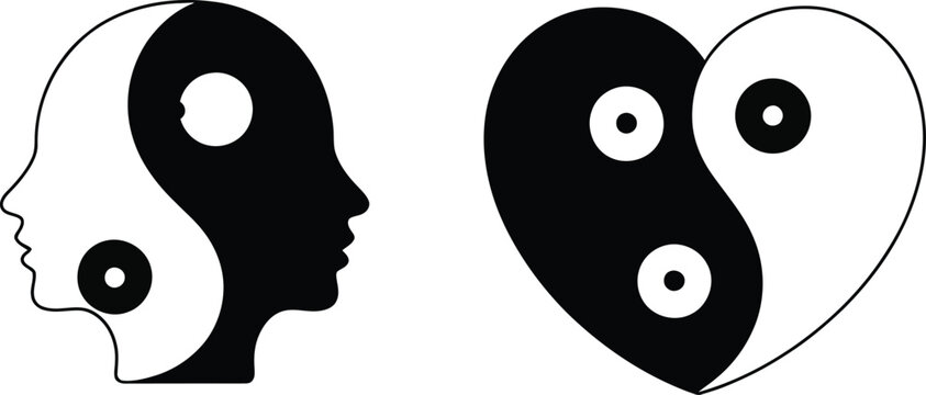 Yin Yang Symbol in Human Profile and Heart Shape Abstract Dualism and Harmony Concept