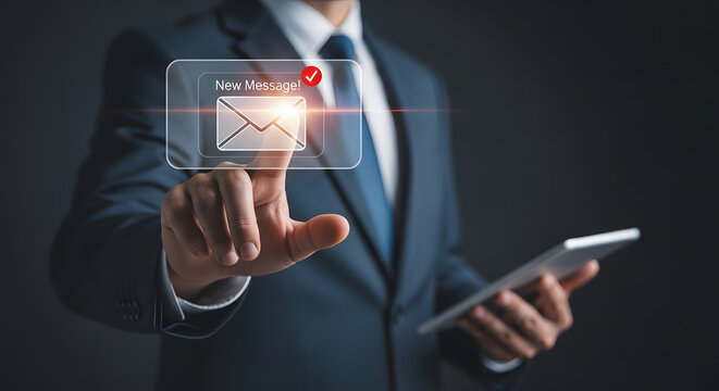 Businessman touching a digital notification icon for email on a dark background - Powered by Adobe