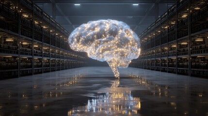 Futuristic visualization of a glowing brain in a vast warehouse, symbolizing artificial intelligence and innovation.