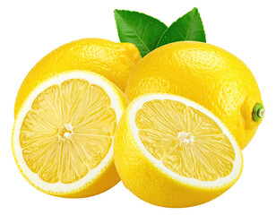 Bright yellow lemons, one halved, with green leaves, on a transparent background