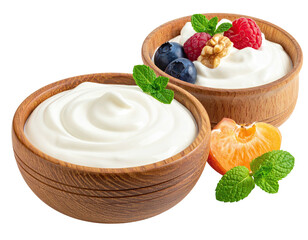 Creamy yogurt bowls with fresh berries, nuts, and mint, presented on a white backdrop