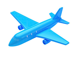 A 3D-rendered, light-blue airplane model against a stark, black background
