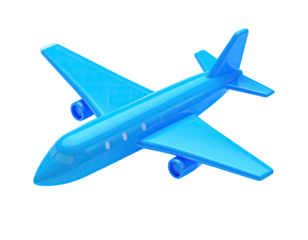 A 3D-rendered, light-blue airplane model against a stark, black background
