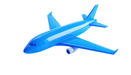 A sleek, blue, 3D rendered passenger jet against a stark, black backdrop