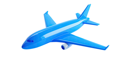 A sleek, blue, 3D rendered passenger jet against a stark, black backdrop