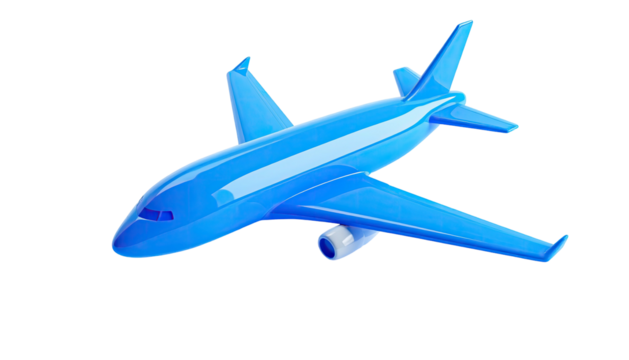 A sleek, blue, 3D rendered passenger jet against a stark, black backdrop