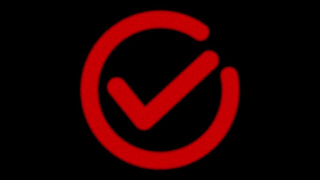 Red Check Mark Inside Circle with Textured Grain Effect on animation Black Background tick symbol . Dynamic red tick symbol with circular border and subtle grain texture on dark animation background .