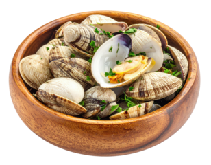 Steamed clams with parsley in a wooden bowl, isolated against a black background