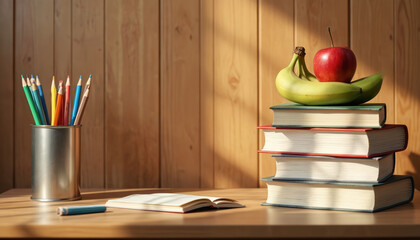 Stack of books with apple and bananas on top. Cup of colored pencils and open notebook on wooden desk. Back to school concept, educational study materials for learning.