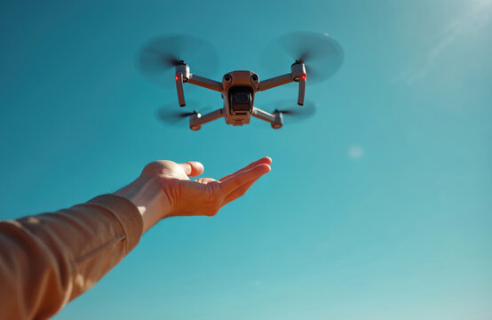 Man hand launches new modern quadcopter drone into clear bright blue sky. Hovers over open palm for safe takeoff landing control. Person operates remote tech device for pro aerial photo video