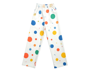 White pants with a colorful polka-dot pattern, elastic waist, straight leg design