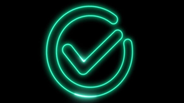 Green Neon Check Mark Inside Circle Glowing on animation Black Background tick symbol. Animated green tick icon with neon glow and circular outline on dark background, perfect for verification.