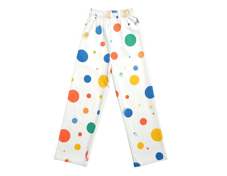 White pants with a colorful polka-dot pattern, elastic waist, straight leg design