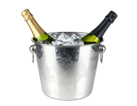 Two chilled bottles of bubbly in ice within a shiny metal ice bucket