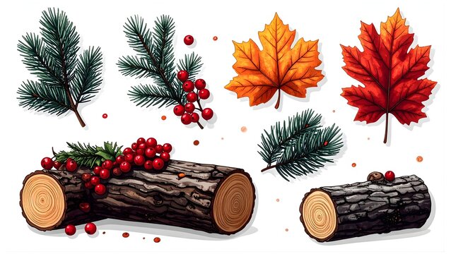 A collection of illustrated autumn and winter elements featuring logs, pine branches, red berries, and maple leaves.