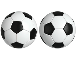 Two soccer balls, black and white panels, perfect spheres against black background