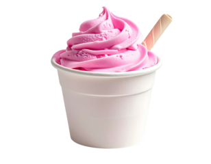 Swirled pink frozen dessert in a white cup with a wafer stick, isolated