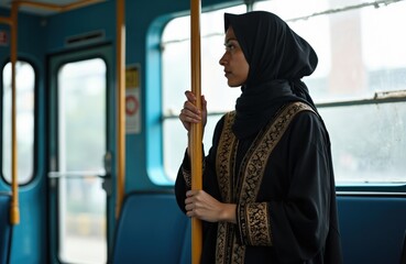 Muslim woman holds pole on public transport, wearing hijab and ornate abaya. She travels to work in a city, looking out window. Passenger in modern transit.