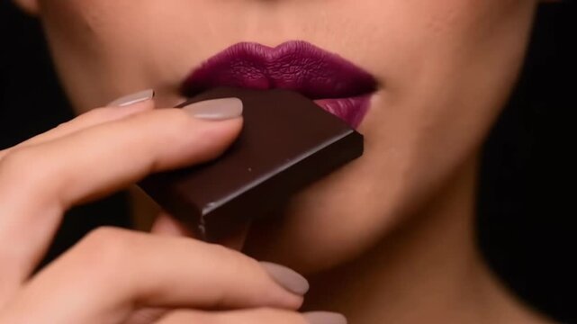 Closeup of woman enjoying dark chocolate with bold plum lips