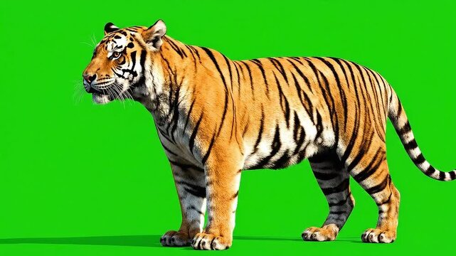 Majestic Bengal Tiger Stands Sideways on a Bright Green Screen Background Isolated Realistic Wildlife Footage