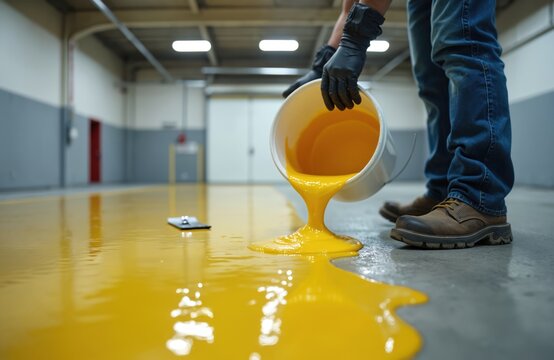 Worker pours yellow epoxy resin on concrete floor. Man in workwear applies resin in industrial warehouse. Flooring professional does construction. Renovation building interior. - Powered by Adobe