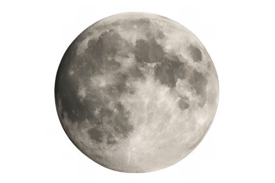 Full moon displaying its textured surface and craters on a transparent background, useful for astronomy, space, and science concepts