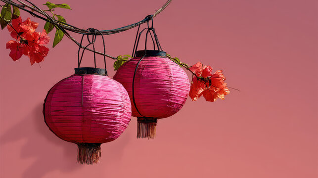 Bright pink lanterns hang gracefully from branch adorned with vibrant flowers, creating festive atmosphere perfect for Chinese festival