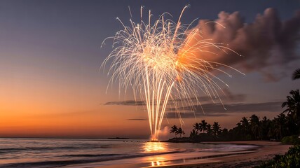 Colorful fireworks over tropical beach at sunset with reflection on sea water