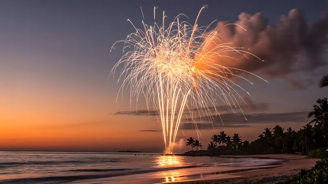 Colorful fireworks over tropical beach at sunset with reflection on sea water