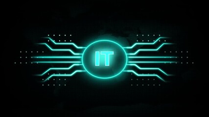 Glowing Cyan IT Icon on Abstract Digital Circuit Board with World Map Overlay information technology animated. Holographic Cyan Icon with Animated Network Lines on Global Map abstract tech animation. - Powered by Adobe