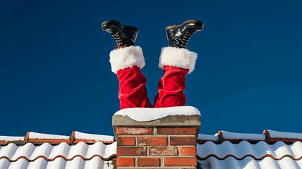 Funny christmas scene with santa stuck in chimney on snowy rooftop