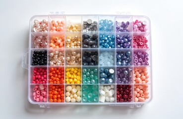 Organized clear plastic box with multiple compartments filled with small colorful round and shaped beads. Craft supplies for jewelry making, DIY projects, and creative hobbies.