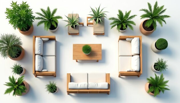 Top view of modern outdoor lounge area with white cushioned sofas, wooden furniture. Potted green plants, small trees arranged stylishly around seating. Creates cozy, relaxed atmosphere for home