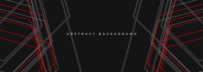 Black abstract modern horizontal banner design with gray and orange geometric lines and outlines. Dark futuristic wide background concept. Vector illustration