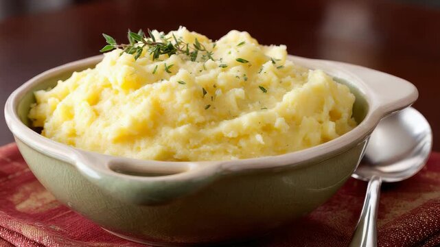 Creamy mashed potatoes in ceramic bowl with thyme garnish showcased on wooden table.
