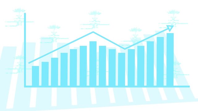 Blue Bar Chart with Upward Trend Arrow and Code Snippets on animation White Background graph data. Upward trending blue arrow with bar chart and code snippets moves smoothly symbolizing growth .