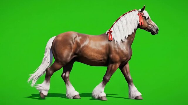 Majestic Brown Shire Horse with Flowing White Mane and Tail Adorned with Red Ribbons Walking Confidently Against a Vibrant Green Screen Background