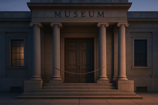 Classical museum building entrance closed at night due to government shutdown creating somber quiet atmosphere