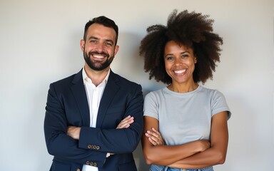 Portrait of happy multi ethnic business couple posing with arms crossed. High quality