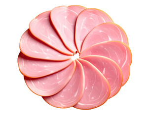Overhead shot of spiral sliced ham, arranged in a symmetrical floral pattern