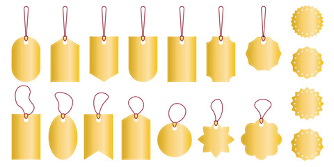 Set of gold holiday price tags and tags. Shiny label and badge mockups. Stickers for sales, offers, discounts, vector graphics