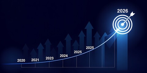 Business growth chart from 2020 to 2026 showing upward trend and target graph