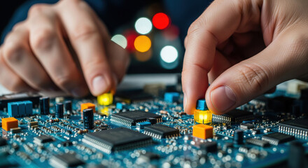 Fototapeta premium Hands assembling electronic components on circuit board