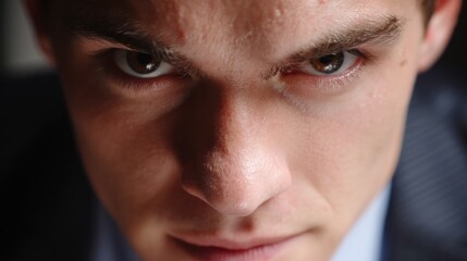 Intense close-up portrait of a young man conveying determination and focus in a professional setting.
