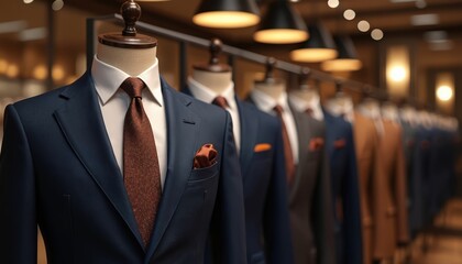 Men suits on mannequins in a row. Navy blue, brown, and gray suits with white shirts and ties. Fashionable clothing in a modern store. Business attire for men.