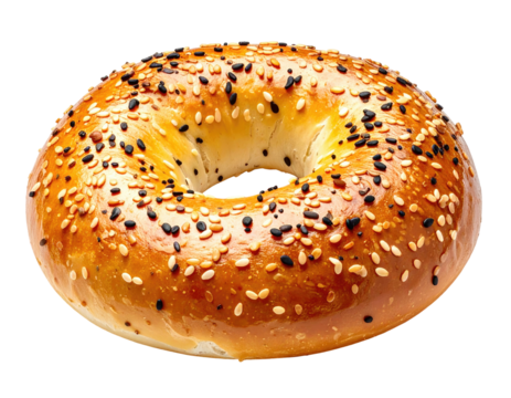 Isolated close-up of a golden-brown bagel with sesame seeds, baked to perfection