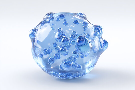 A clear blue liquid globule filled with many tiny sparkling bubbles against a soft light background showing smooth surface reflections