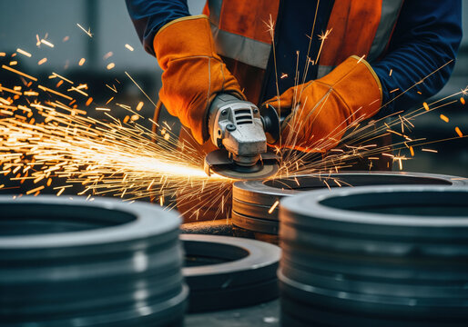 Metalworker using grinder with flying sparks