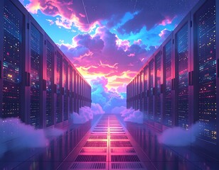 Futuristic server room with colorful sunset sky